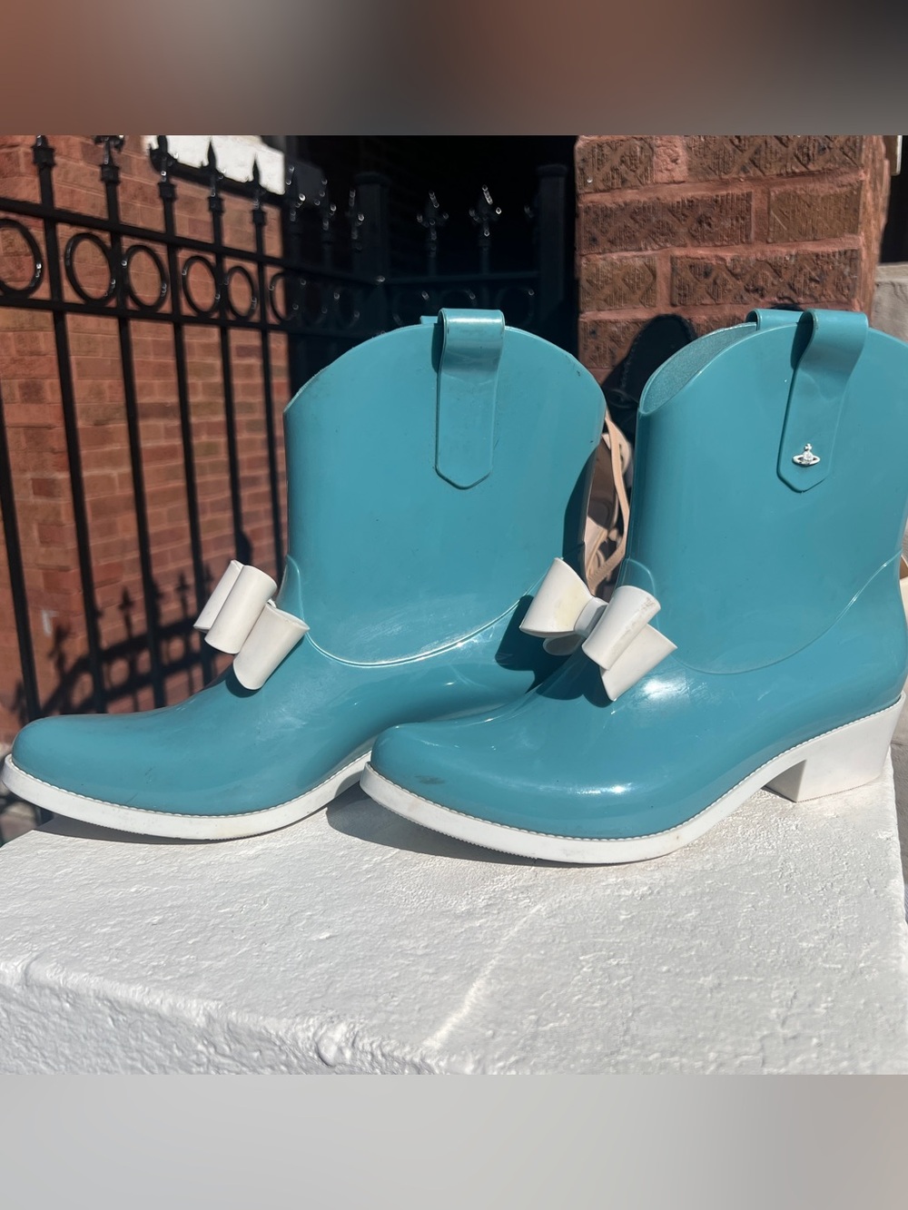 Vivienne Westwood Teal Ankle Rain Boots with White Bow